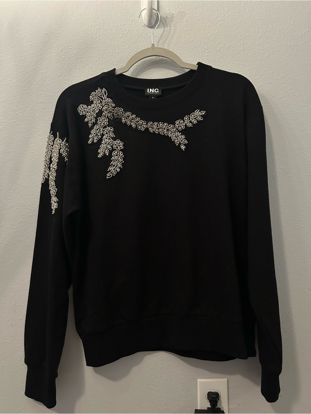 INC International Concepts Black Embellished Crewneck Sweater